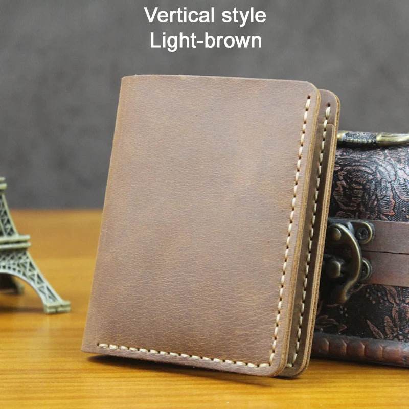 Handmade Vintage Crazy horse Genuine Leather Men Wallet Men Purse Leather Short Card Wallet for Male Money Clips Money bag
