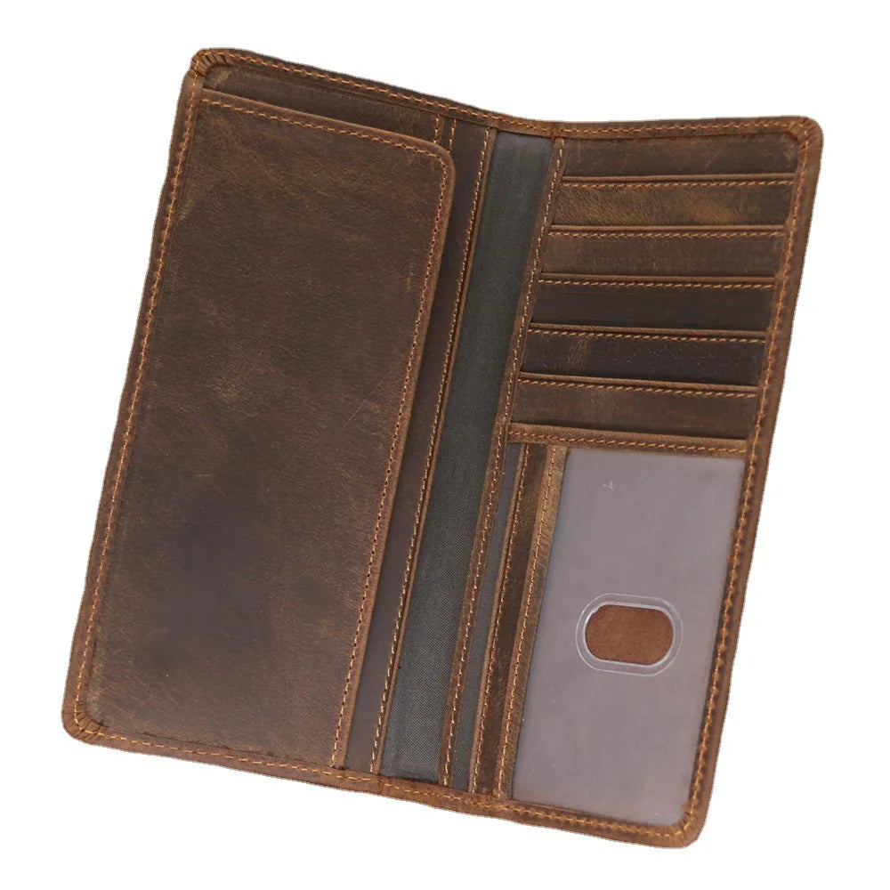 1081 Men's Crazy Horse Leather Long Wallet Head Layer Leather Leather Retro Card Bag Multi Functional