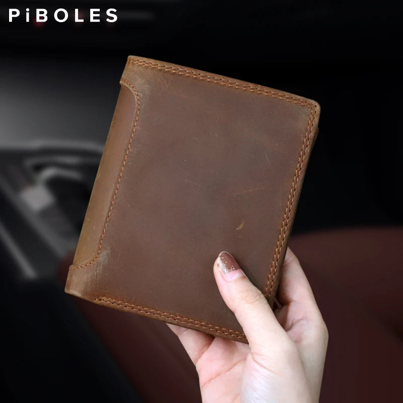 Vintage Crazy Horse Leather Men's Short Wallet Bifold Wallet Multi Function ID Credit Card Holder Genuine Leather Male Purse