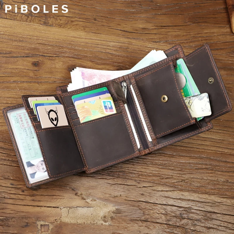 Vintage Crazy Horse Leather Men's Short Wallet Bifold Wallet Multi Function ID Credit Card Holder Genuine Leather Male Purse