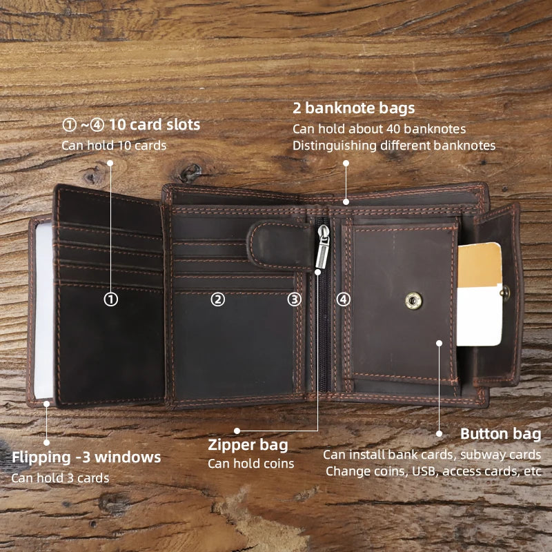 Vintage Crazy Horse Leather Men's Short Wallet Bifold Wallet Multi Function ID Credit Card Holder Genuine Leather Male Purse