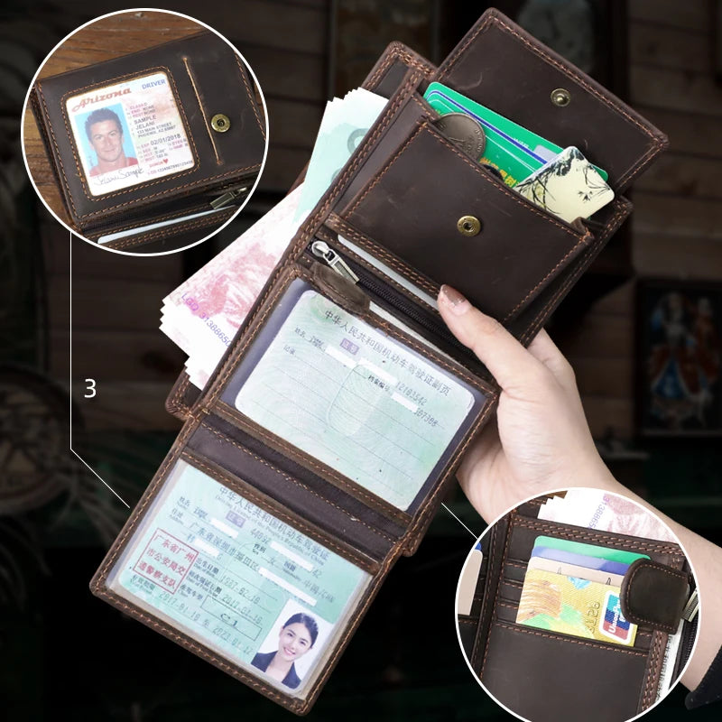 Vintage Crazy Horse Leather Men's Short Wallet Bifold Wallet Multi Function ID Credit Card Holder Genuine Leather Male Purse