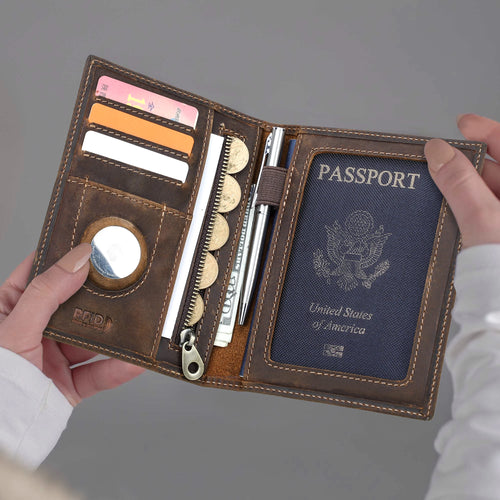CONTACT'S Genuine Leather Passport Wallet Card Holder Coin Purse AirTag Slot Men Travel Wallet Women‘s Purse Passport Cover Bag