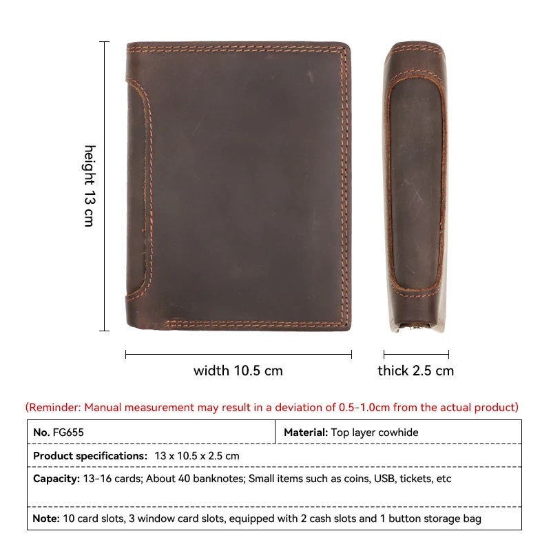 Vintage Crazy Horse Leather Men's Short Wallet Bifold Wallet Multi Function ID Credit Card Holder Genuine Leather Male Purse