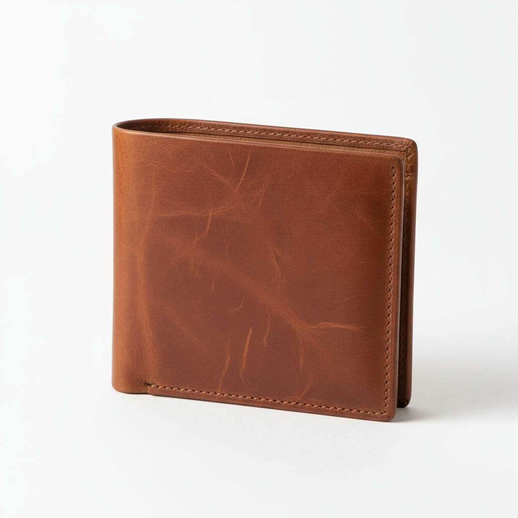 Brown leather bifold wallet on white background