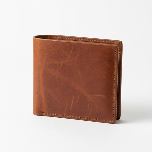 Brown leather bifold wallet on white background